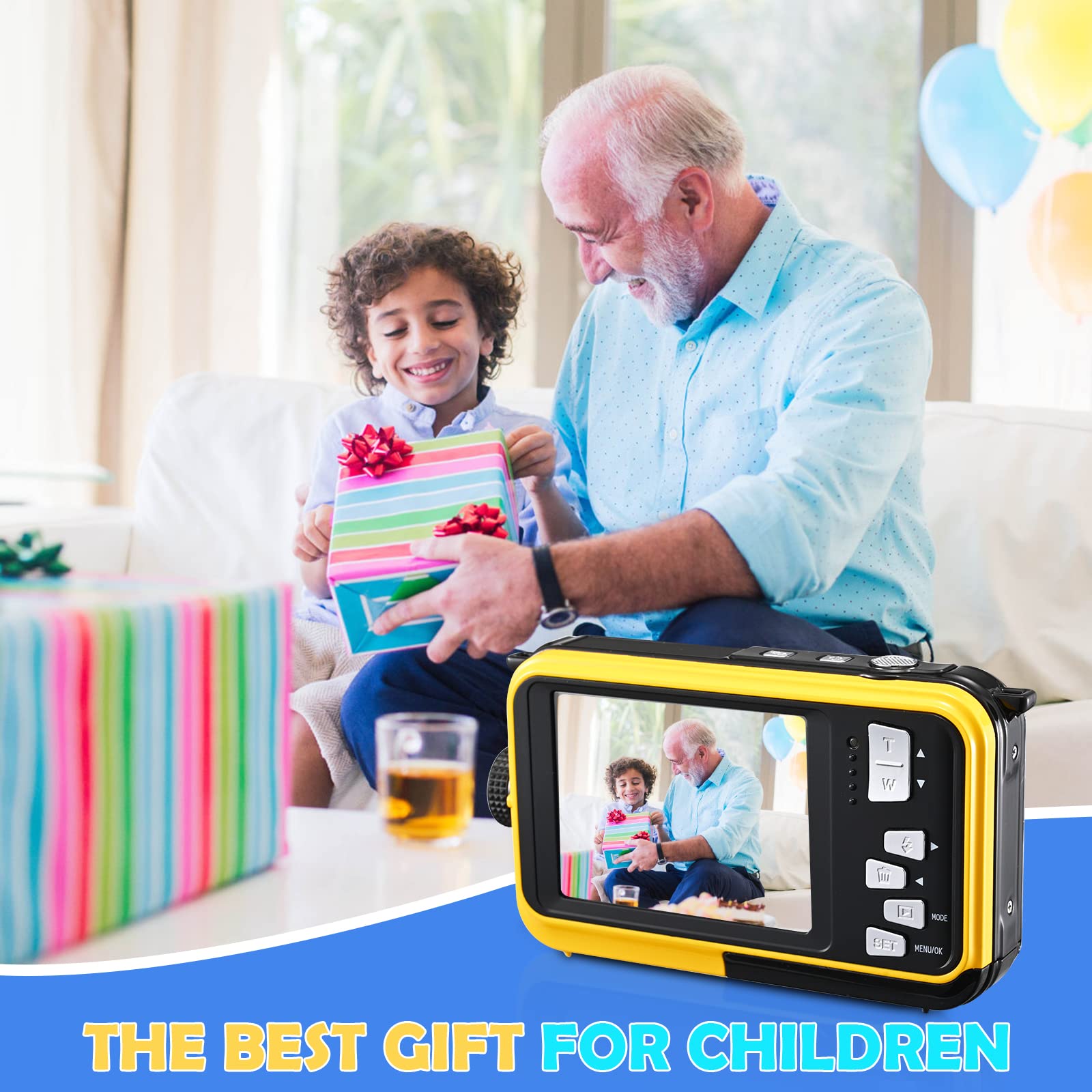 Appareil Photo Etanche Numérique,Full HD 2.7K 24MP Caméra sous-Marine Zoom Digital 16x Camera Etanche avec Double écran Caméra pour Adolescents Élèves Débutants Jaune