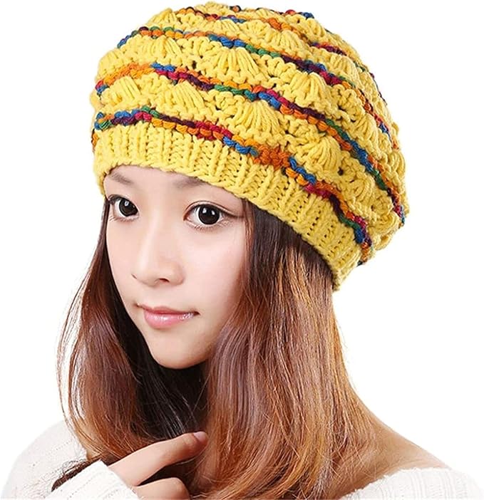 Amazon ニット帽冬の女性ニット帽マルチカラーかぎ針編みストライプビーニーキャップ女の子用 帽子 防寒 ボア もこもこ 暖かい 裏起毛 レディース ニット 通販