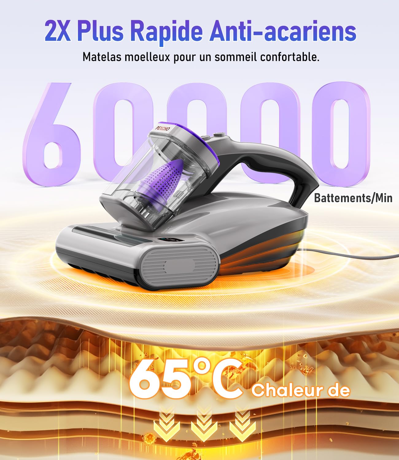 PEXCHO PM600 Aspirateur Anti Acariens avec lumière UV, 500 W, pour Les Personnes allergiques, élimine 99,9% des acariens, allergènes, Poils d'animaux des Matelas, Tapis et canapés
