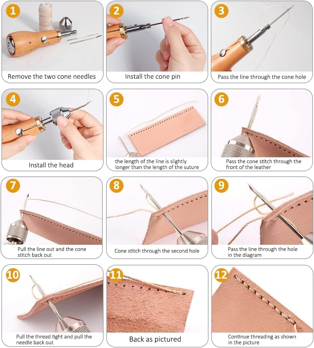 23PCS Sewing Awl Kit, Portable Leather Sewing Awl Thread Kit Leather Stitching Repair Stitch Tool Handheld Sewing Repair with Straight Bent Needles Screwdriver Rolls Waxed Threads for DIY Craft