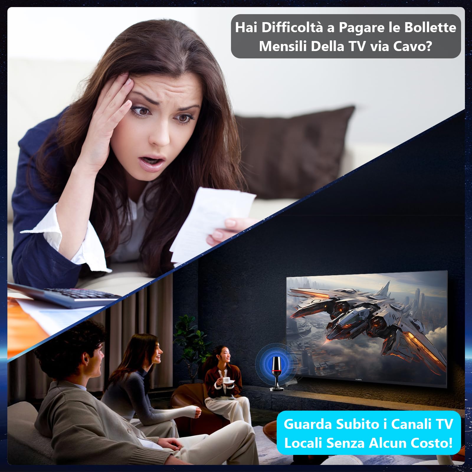 Antenna TV Interna Amplificata Potente, QGClearSO Antenna TV Interna con Base Magnetica Stabile, Ricezione Omnidirezionale 360°, Compatibile con TV 4K/1080P per Canali Locali
