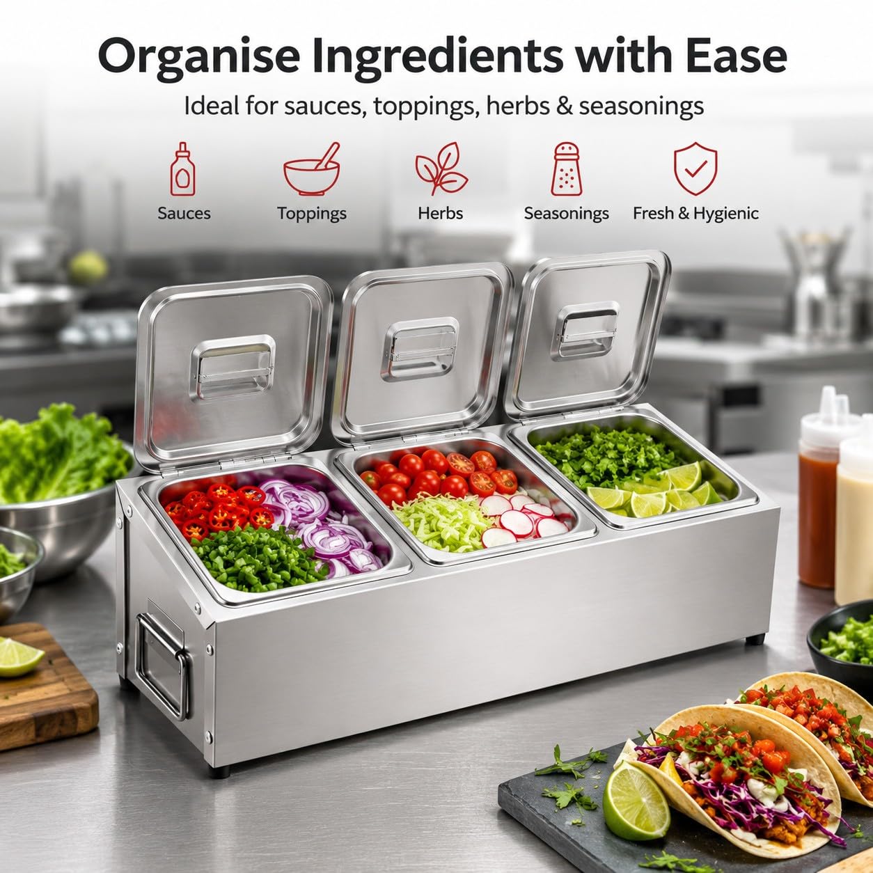 Porta Ingredienti Pizza in Acciaio Inox con Coperchio – Contenitore Gastronom Refrigerato, 3 Vaschette Modulari, Ideale per Pizzerie, Condimenti e Topping, Facile da Pulire