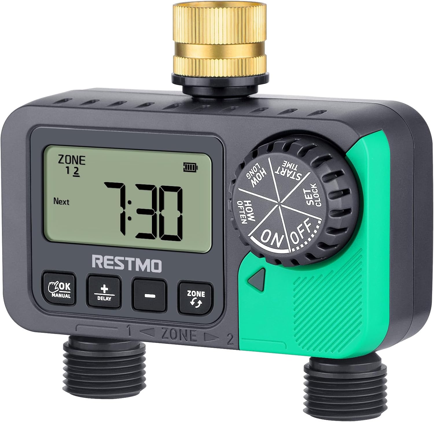 RESTMO 2-Zone Water Timer for Garden Hose with Brass Inlet | Dual Outlet Sprinkler Timer, Programmable Rain Delay/Manual/Automatic, Outdoor Faucet Timer for Drip Irrigation and Lawn