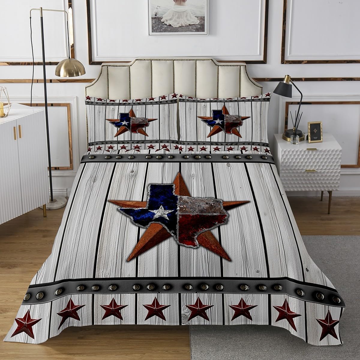 Erosebridal West Texas Star Quilts American Flag Western Coverlet Set, Rustic Farmhouse Bedspread Sets Grey Wooden Plank Quilt Set King