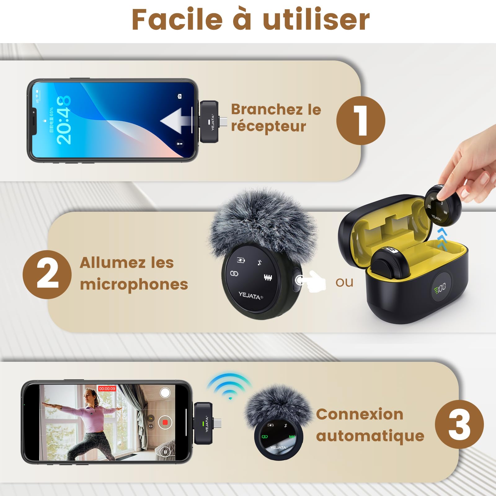 Microphone Cravate sans Fil 2-en-1 pour vidéo | 2 émetteurs, récepteur USB-C/Lightning, réduction du bruit DSP, boîtier 40 h, portée 25 m, compatible iOS et Android.