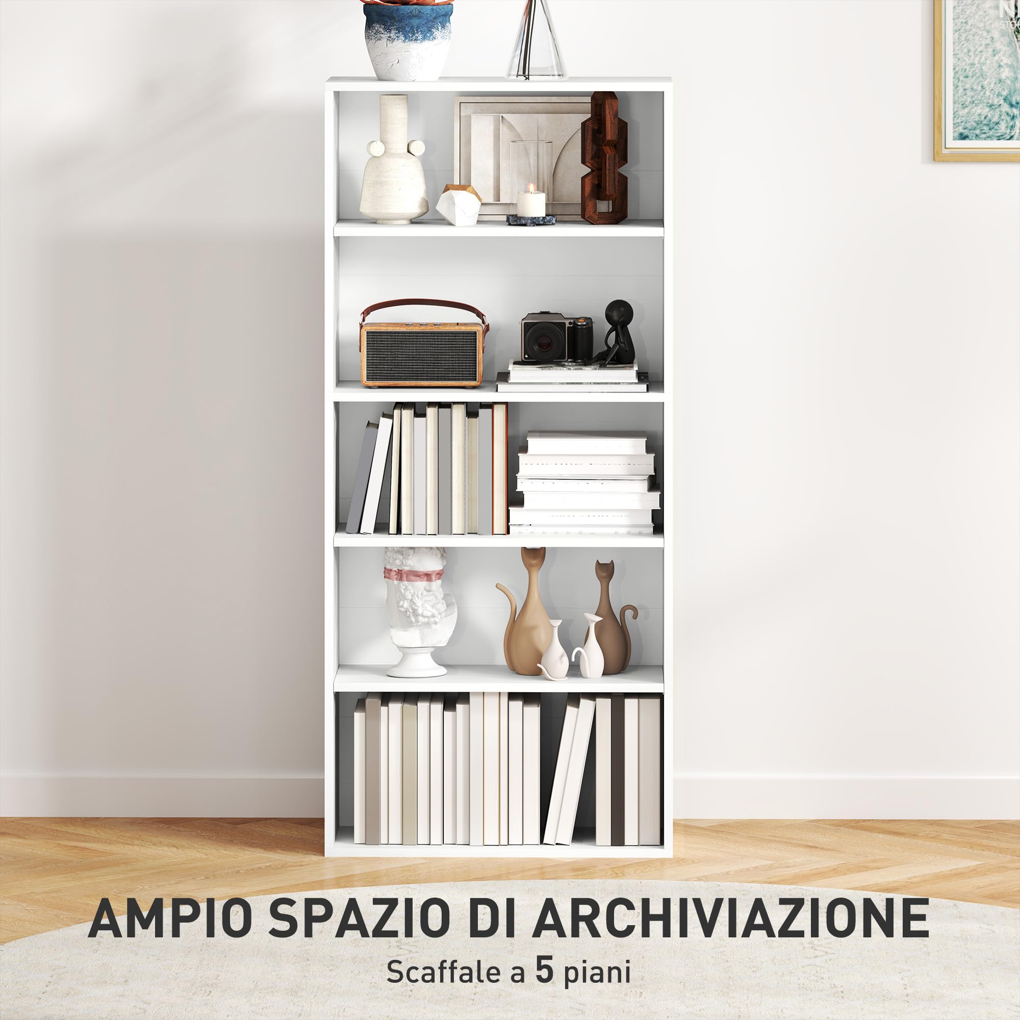 HOMCOM Mobile Libreria a 5 Ripiani con 3 Scaffali Regolabili, Libreria Scaffale Moderna in Legno, 60x24x133.5 cm, Bianco