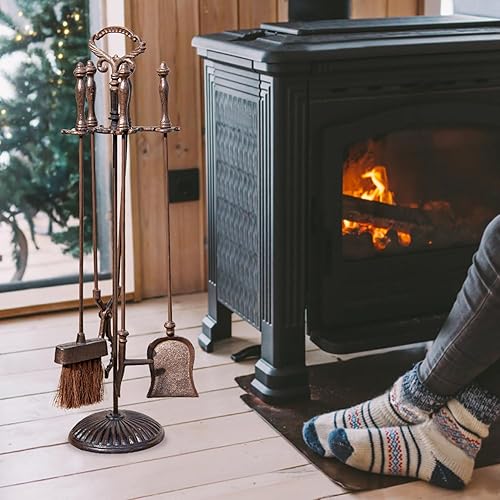 Miniatura 7 de Sungmor Juego de 5 herramientas para chimenea de hierro forjado, accesorios rústicos para chimenea, incluye pinzas, pala, póker, cepillo y soporte,