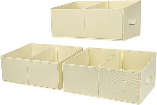 DIMJ 3 Pack Storage Boxes with Compartment, Foldable Storage Basket with Reinforced Handle, Trapezoid Fabric Wardrobe Storage Organiser Box for Clothes, Books, Toys, Closet, Shelves (Beige)