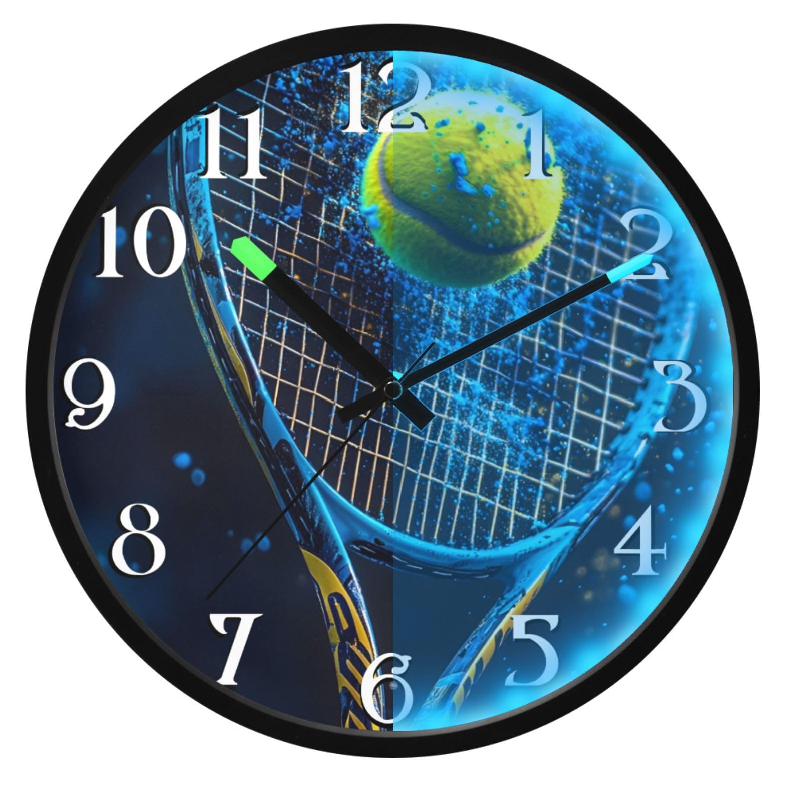 Mnsruu Reloj de pared luminoso con fondo negro, pelota de tenis, reloj de dormitorio, funciona con pilas, reloj silencioso que brilla en la oscuridad, para sala de estar, cocina, 30,5 cm