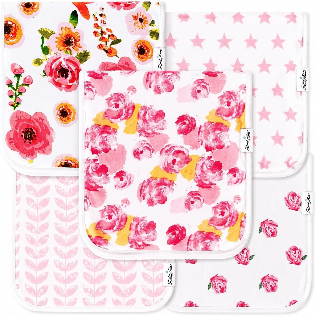 KiddyStar 5 Pack Organic Cotton Burp Cloths, Soft 3 Layer Absorbent Towels for Newborn Feeding & Spit Up