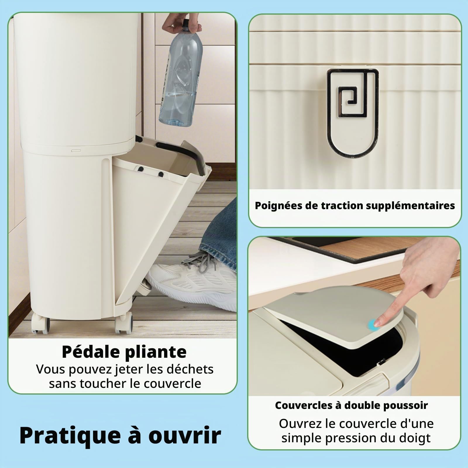 LIFEZEAL Poubelle de Cuisine avec Couvercle, Poubelle de Tri avec 2 Seaux Amovibles et Tiroir, Bac à Tri avec Pédale et Roulettes pour Salon, Cuisine (Beige, 38L|2 couvercle, 2 niveaux)