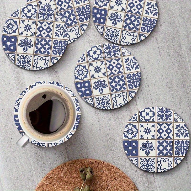 Image of 6 Round Wooden Coasters- Blue Portuguese Tile Style Design Suitable Various Cups Protect Tabletop Anti-Scald Anti-Slip Coffee Table Decoration Home Warm House,