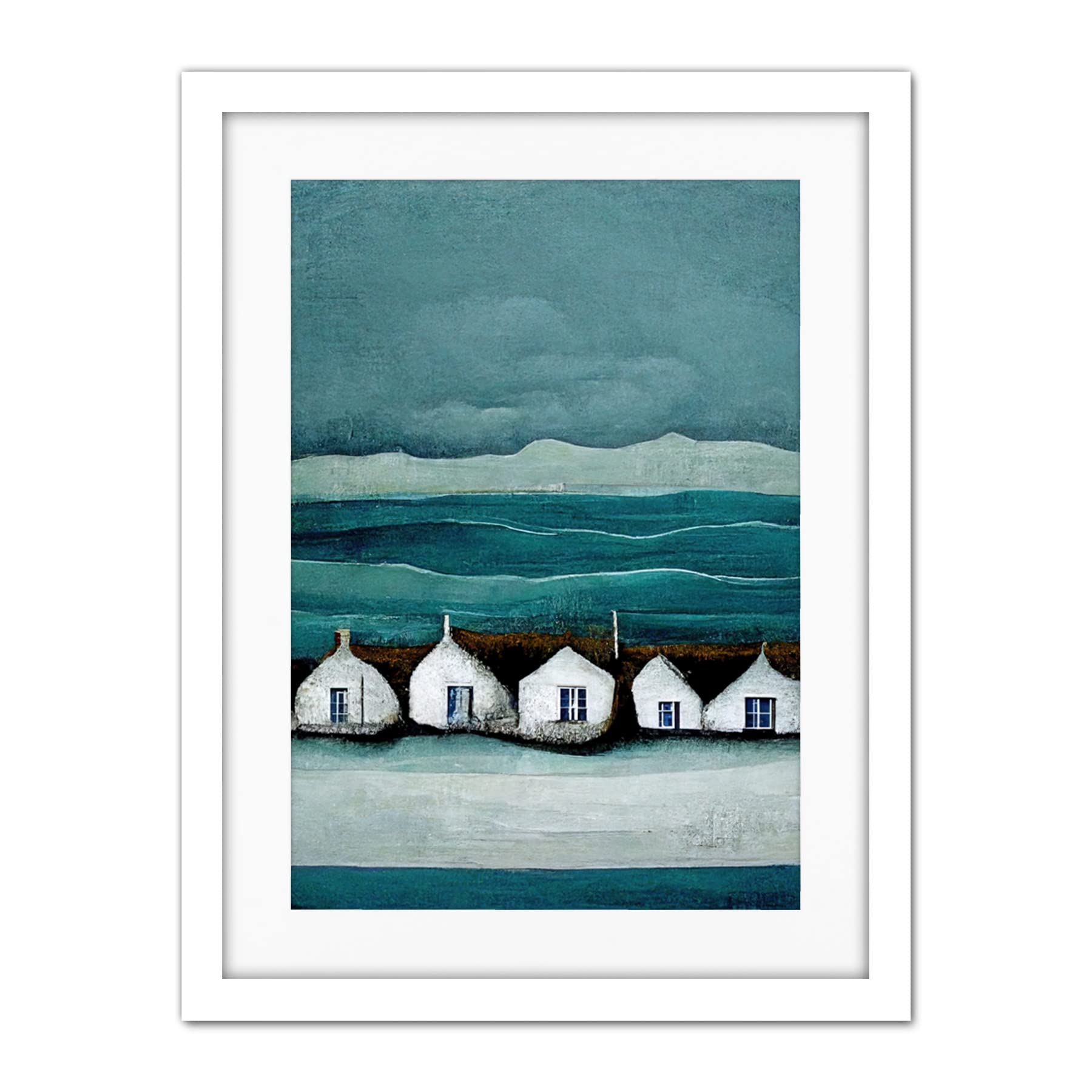 Row Of White Fisherman Cottages Isle Of Jura Artwork Framed Wall Art Print 18X24 Inch