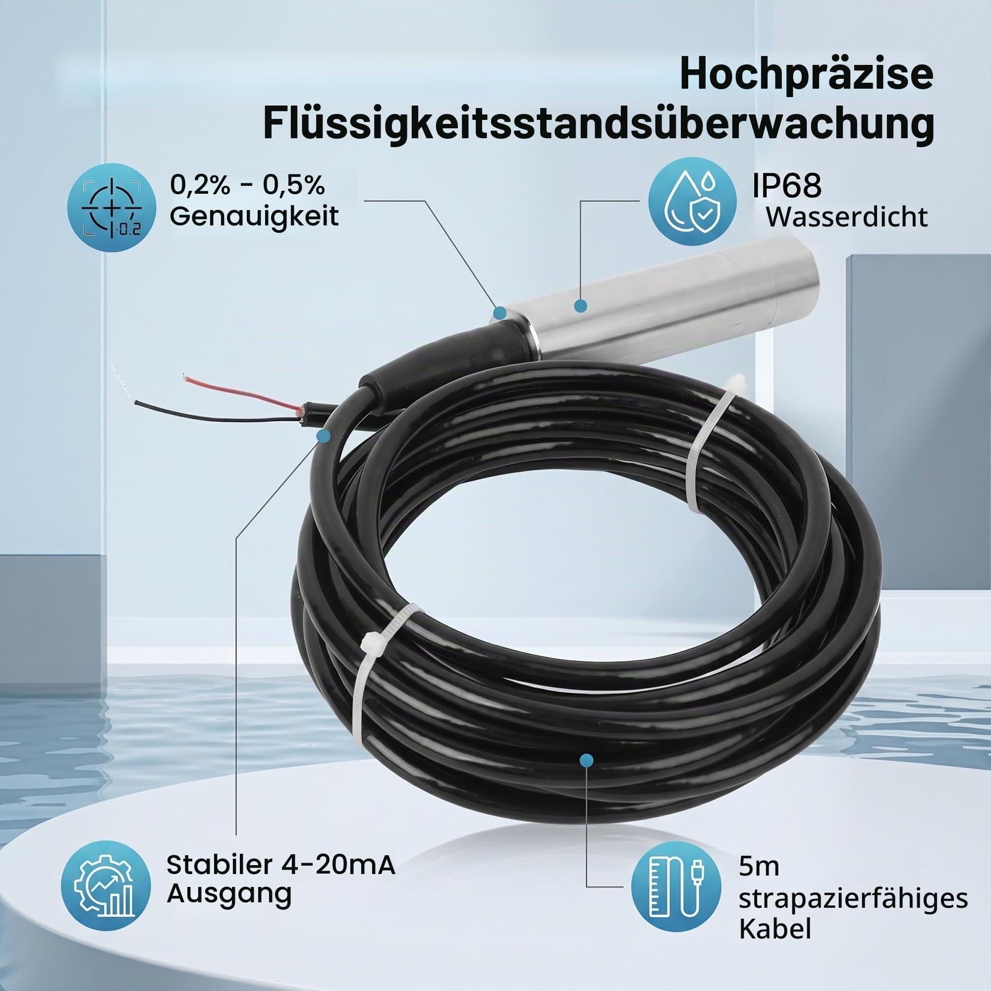 Fafeicy IP68 TL-136 Flüssigkeitsstandsmessumformer, Wasserstandssensor Detektor, 24VDC 4-20 mA Signalausgang Flüssigkeitsstandsensor Signalausgangsleitung Länge 5 Meter, 45 Grad Winkel (0-3m)