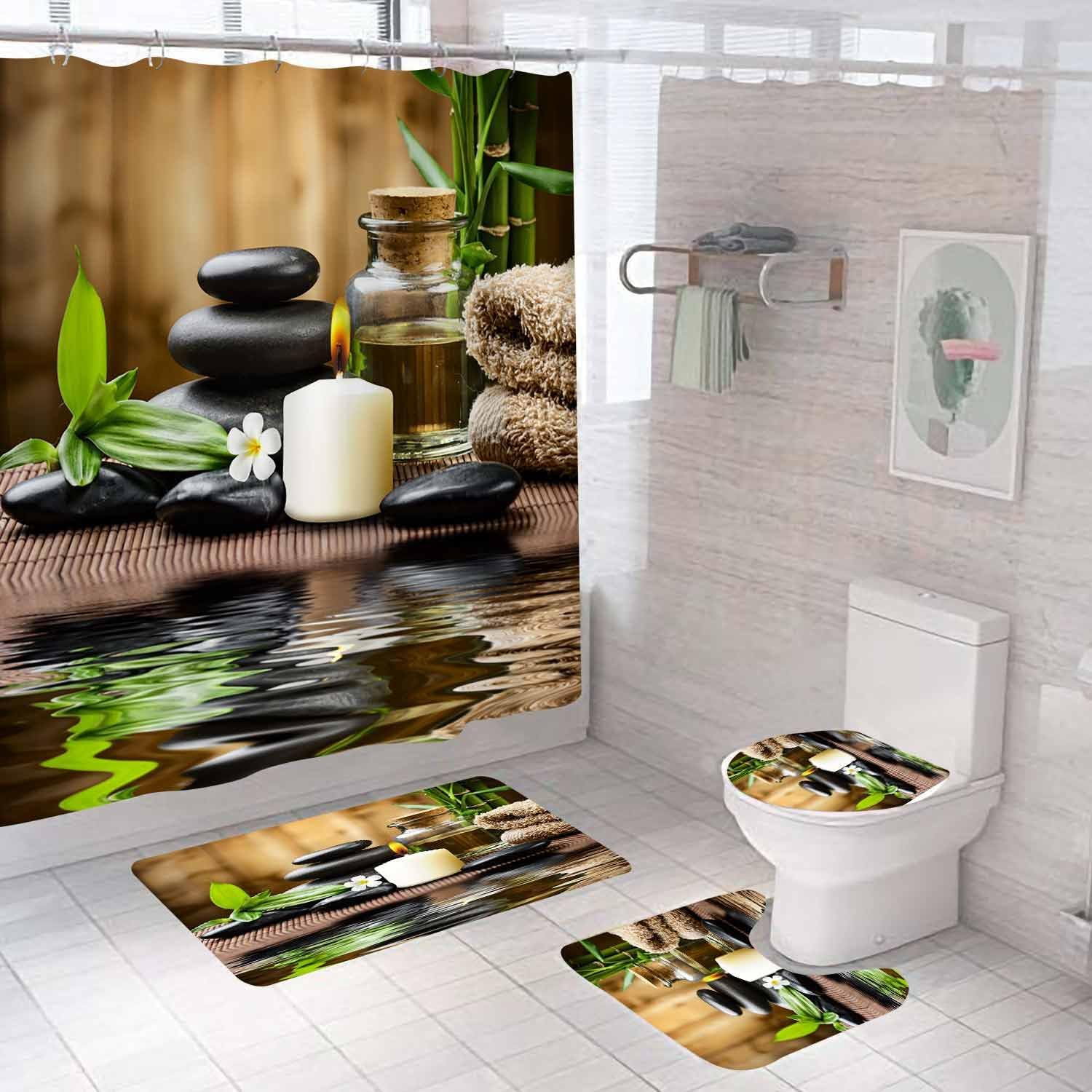 4PCS Zen Spa Shower Curtain Sets with Rugs, Waterproof Fabric Shower Curtain, Black Stone White Candle Green Bamboo Floral Japanese Yoga Massage Relaxing Spiritual Meditation Bathroom Decor