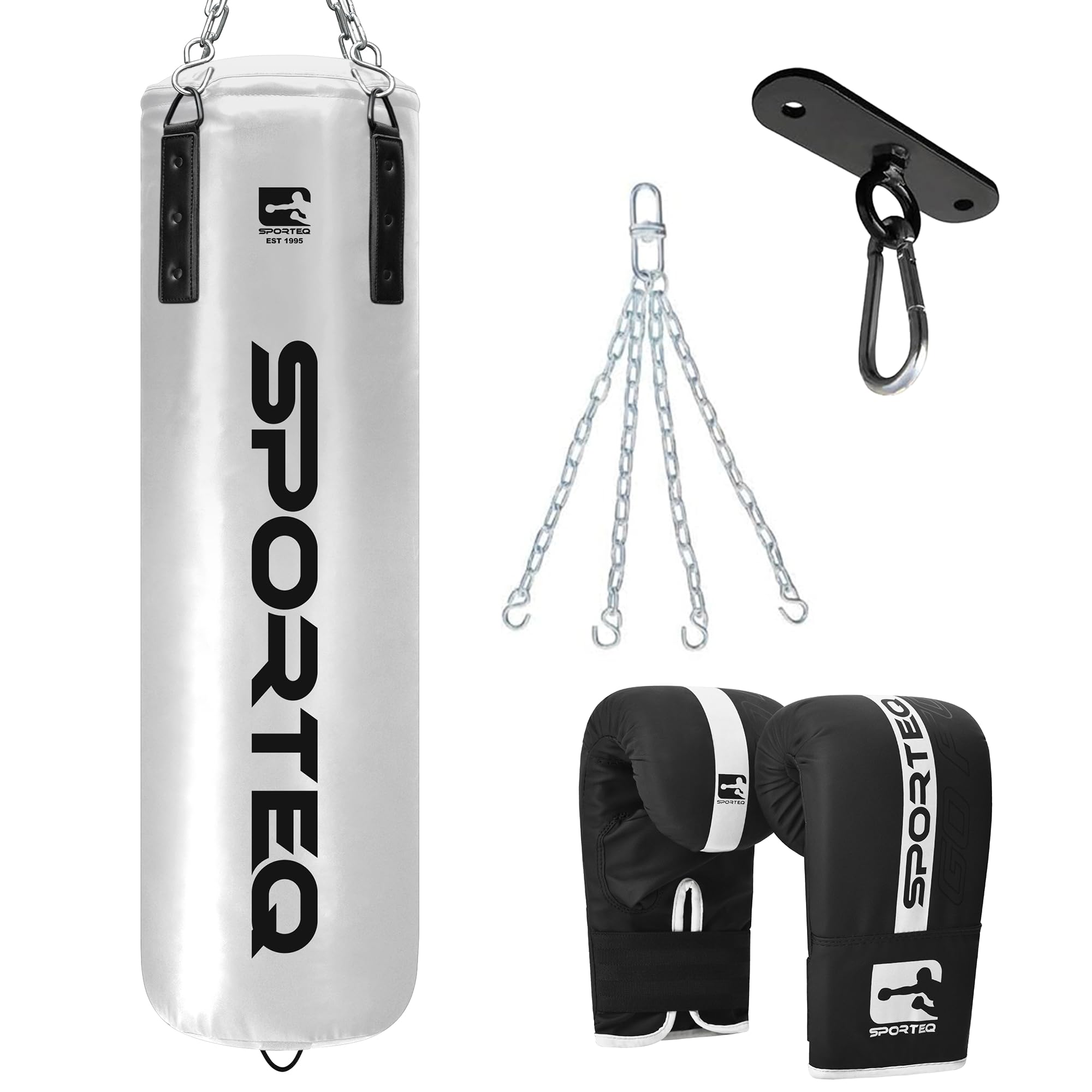 Sporteq Dyno Filled Heavy Boxing Punch Bag Set with Gloves, Chain & Ceiling Hook, 4FT Punching Bag for Boxing, Kickboxing & Muay Thai Training, Heavy Duty for Home & Commercial Gym Use