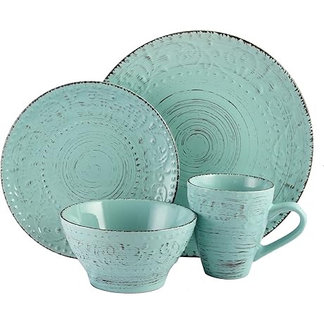 Elama Embossed Stoneware Ocean Dinnerware Dish Set, 16 Piece, Turquoise