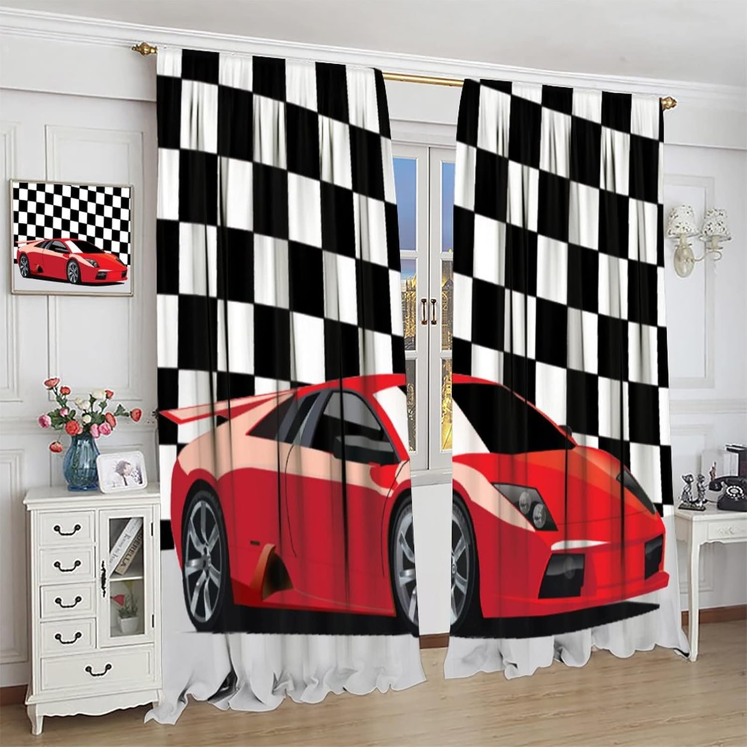 Boy Race Car Window Curtains, Race Car Competition Extreme Sports Black White Checkered Grid Decorative Curtain Rod Pocket Window Treatment for Kids Teens Men Bedroom Living Room 42x63in