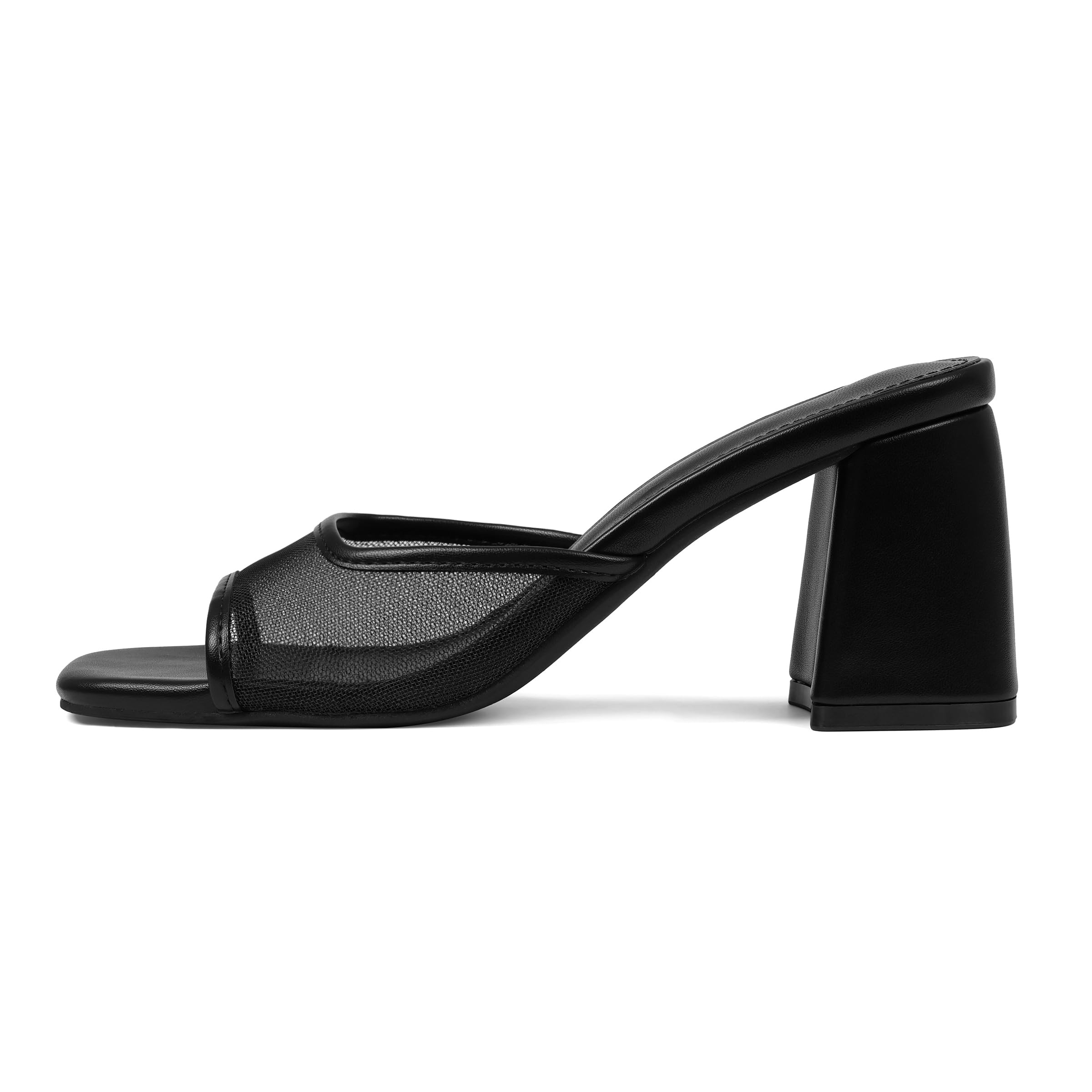 Photo 1 of Mattiventon Black Summer Heels Heeled Sandals for Women Mesh Slide Sandals Square Open Toe Mules Chunky Heels Slip On Dress Shoes