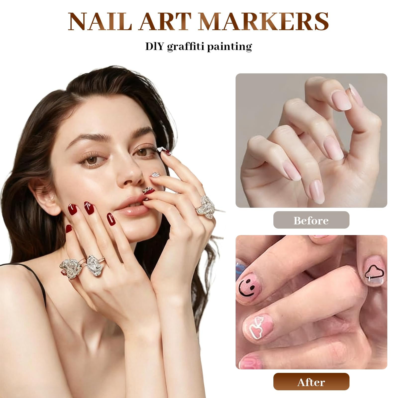 Stylo Dessin Ongles Set, 12 Couleurs Marqueur Nail Art à Base d'Eau, Pointe Fine pour Graffiti et Lignes, Outil de Décoration DIY, Déco Ongle Professionnelle