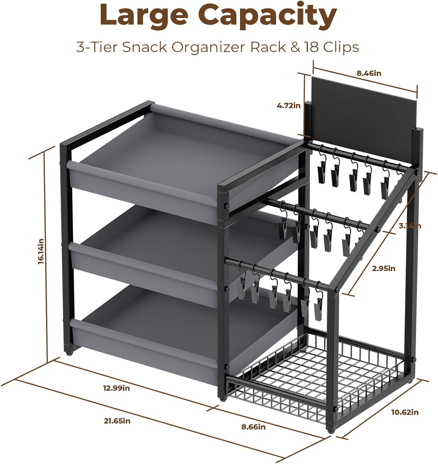 3-Tier Snack Organizer with 18 Clips, Large Capacity Snack Rack with Message Board, Snack Cart for Kitchen Office Store Party Countertop, Matte Black Metal & Oxford Fabric Snack Storage