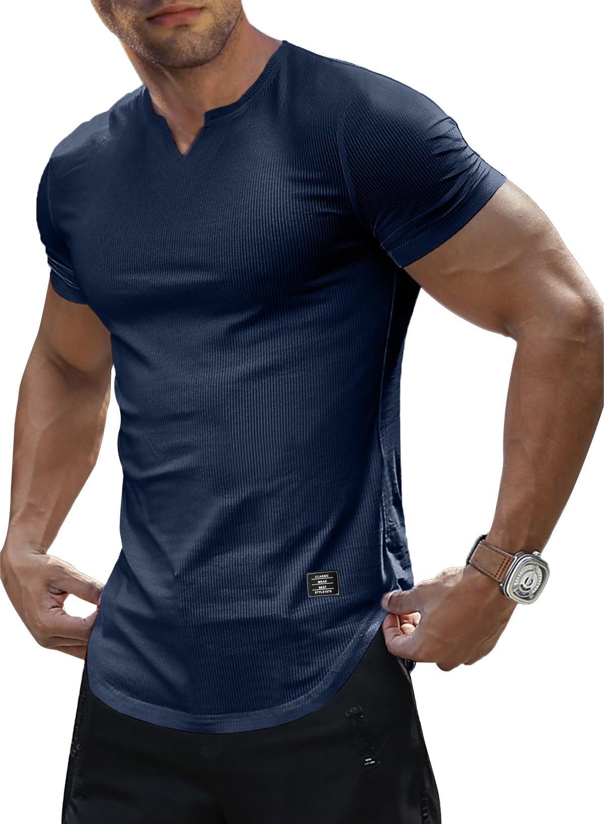 Mens Muscle Slim T Shirts Texture V Neck Longline Henley Gym Workout Athletic Tee Shirt