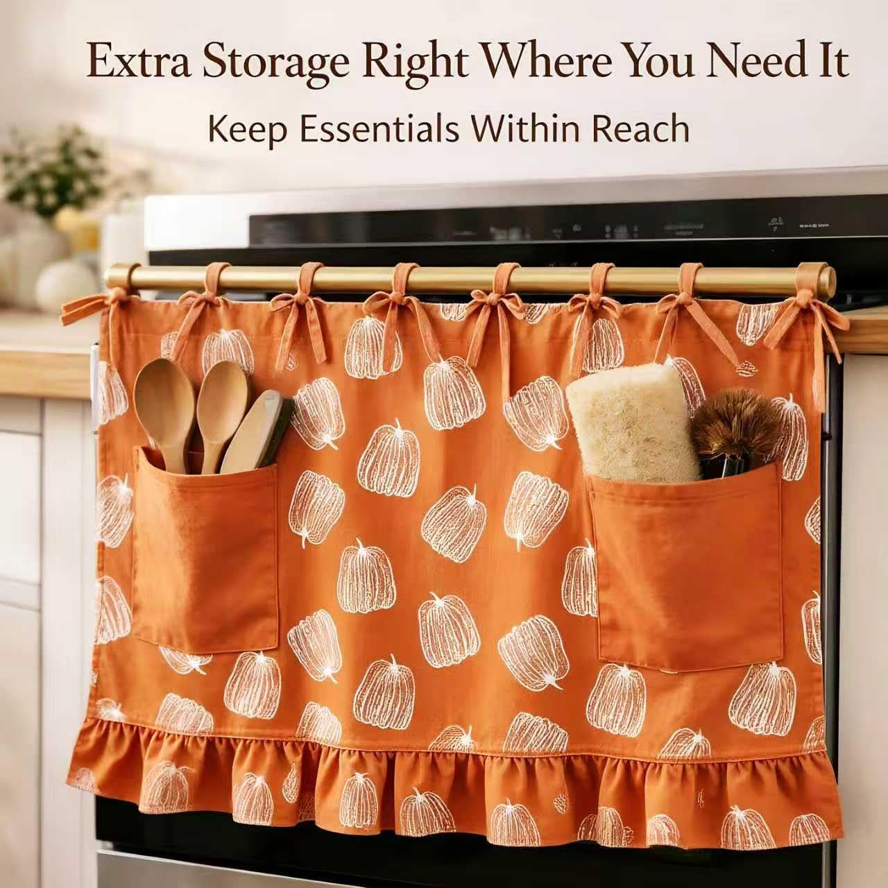Pumpkin Orange Oven Skirt Curtain,Cotton Blend Stove Cover with Pockets