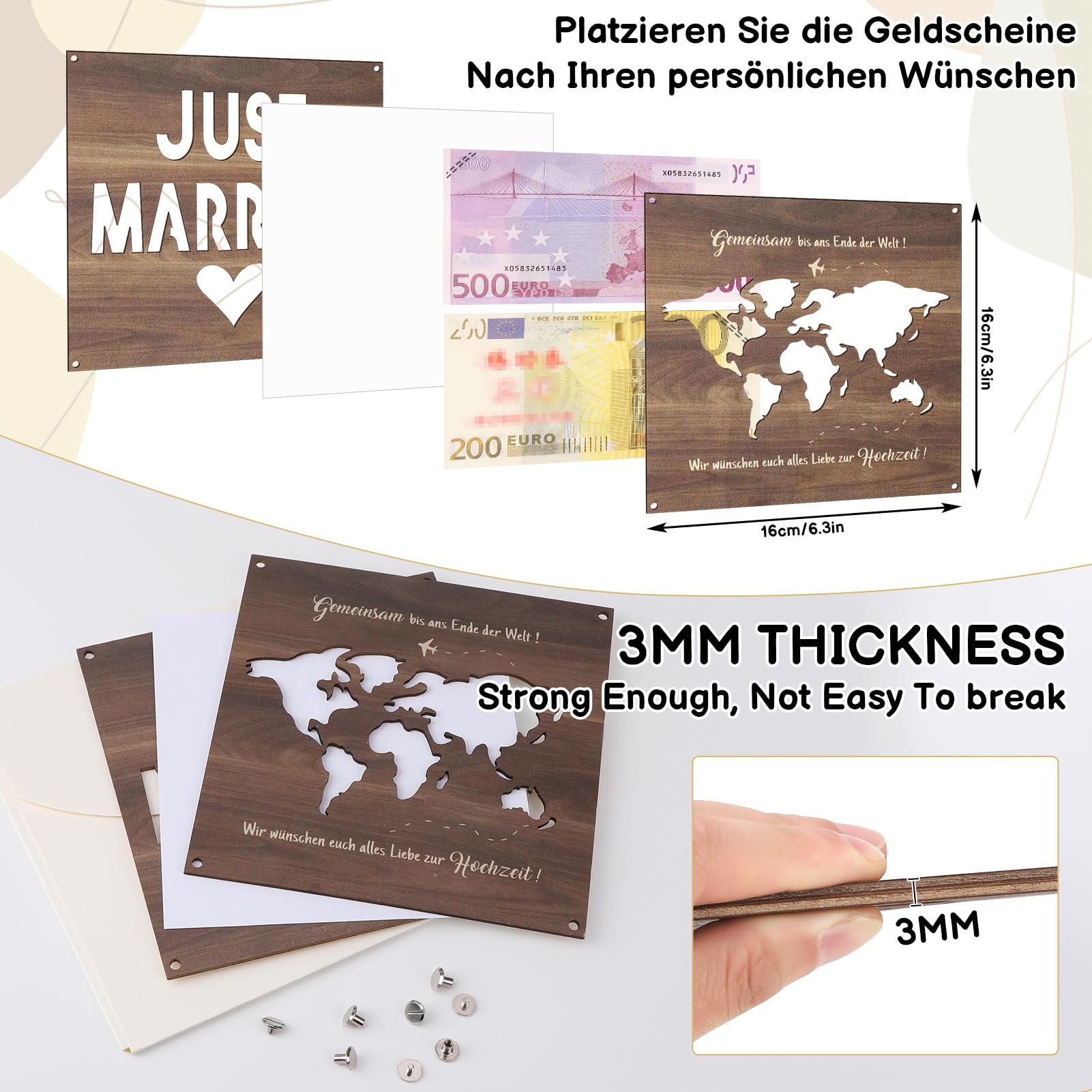 Holz Weltkarte Geldgeschenk Für Hochzeiten – Personalisierbar, 205x150x10 Mm, Mit Hanfseil – Kreative Geldverpackung Als Brautpaar-Geschenk