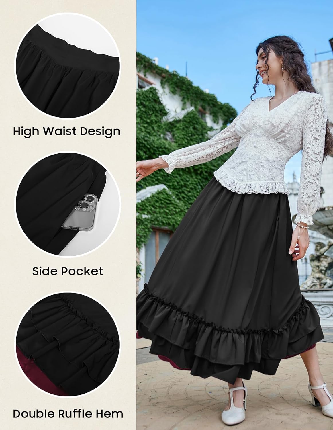 Scarlet Darkness Victorian Maxi Skirt for Women Renaissance Long Double-Layer Ruffle Skirt - Image 4