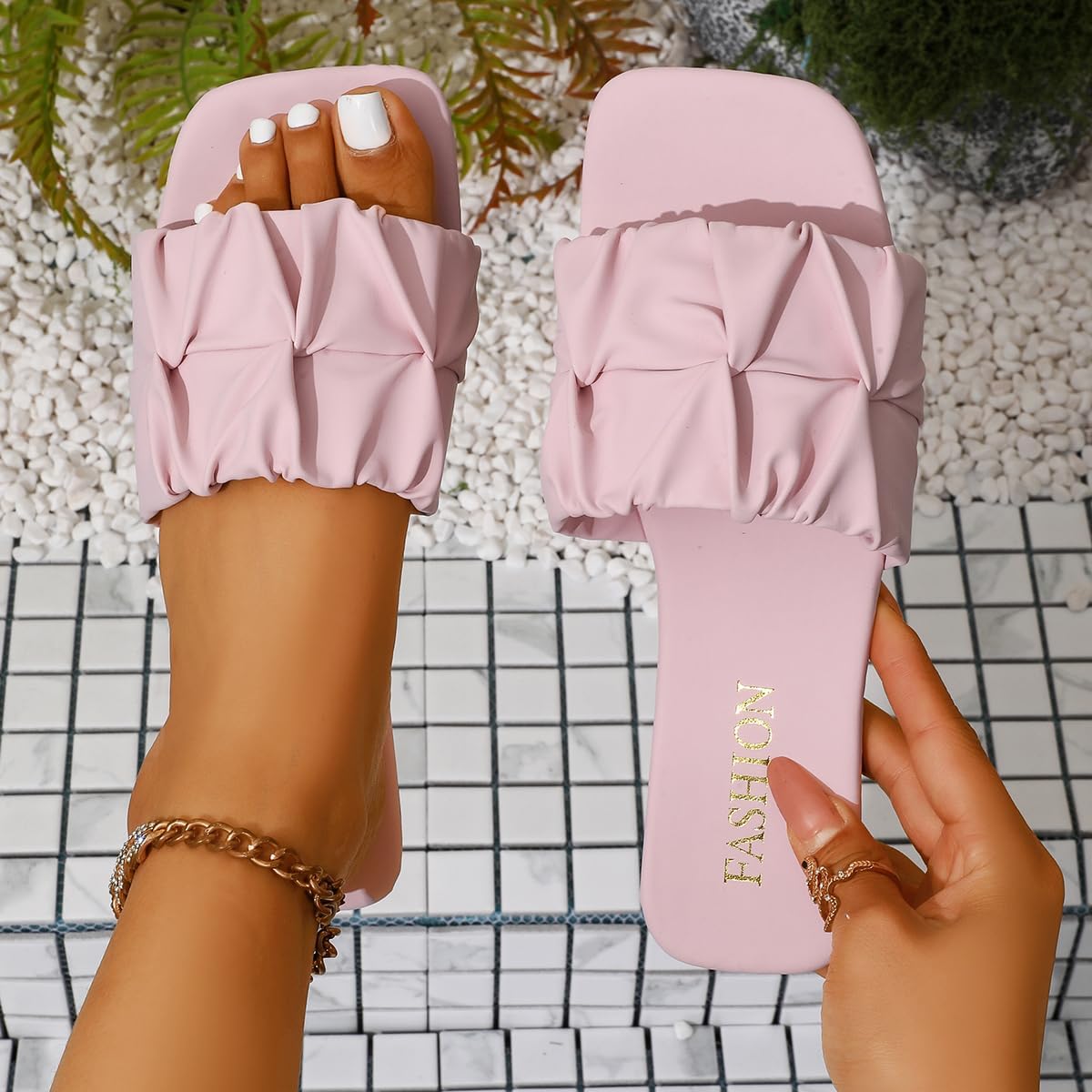 Women's Pleated Square Toe Slide Sandals, Trendy Wedding & Summer Flat Sandals