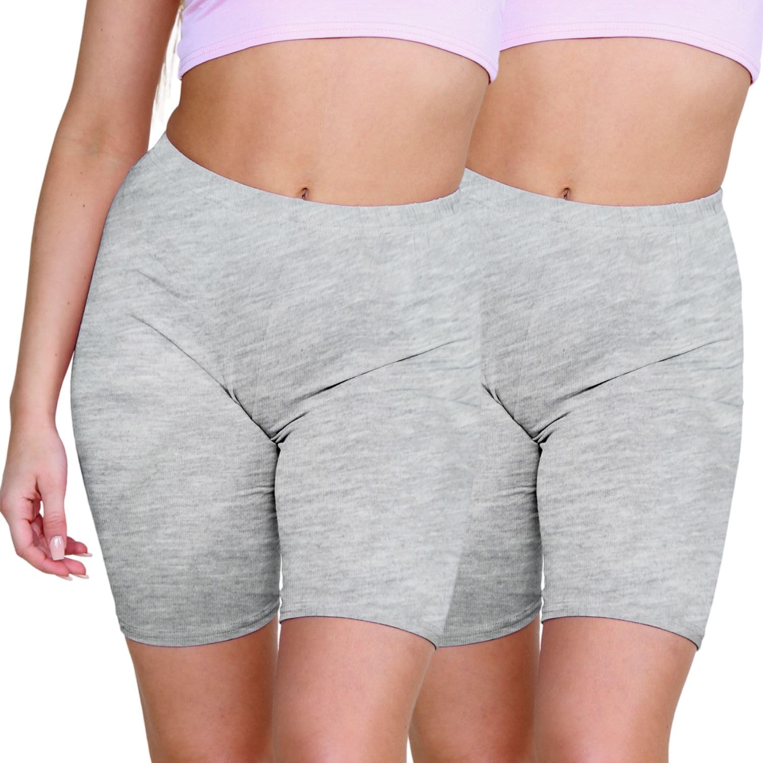 Janisramone Womens Cycling Shorts Pack of 2 Elastic Waist Stretchy Skinny Over Knee Ladies Gym Shorts Women Activewear