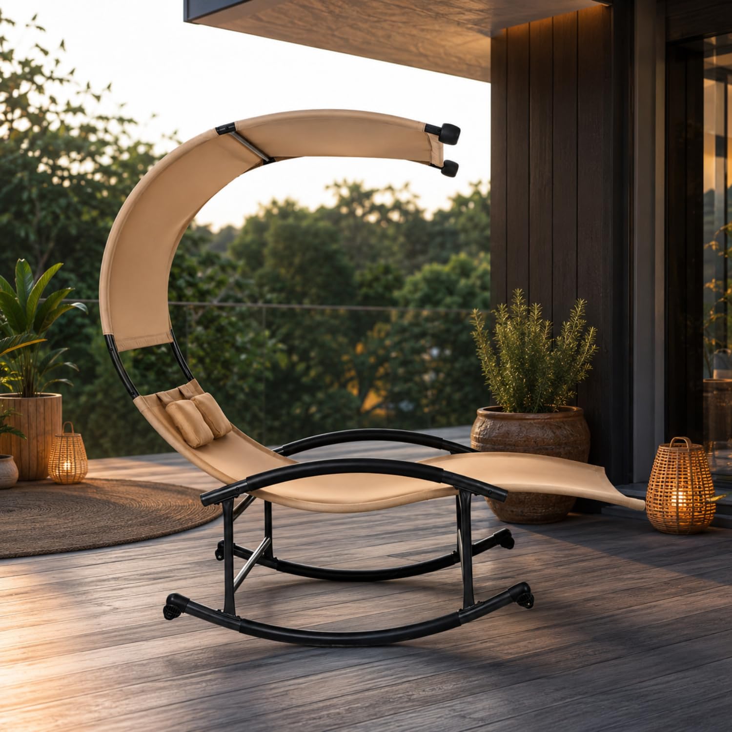 Lettino 2 Posti Dondolo Prendisole Con Parasole E Cuscini Integrati Ergonomico In Textilene Traspirante In Acciaio Ideale Per Giardino Piscina Outdoor 140x200x185 Cm Beige