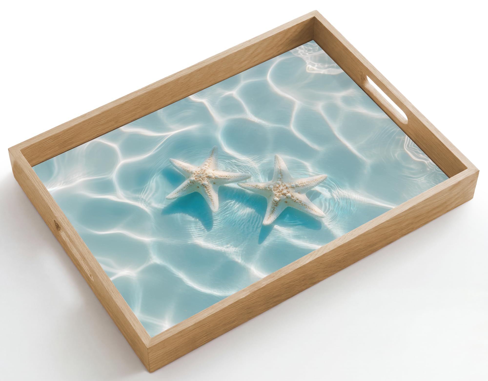 Serviertablett Rechteckig 50x35 cm Servierplatte Eiche Holz Tablett Mit Henkel Tray Kratzfest Kaffeetablett Tabletts Teetablett Seesterne - Gewelltes Wasser - Beruhigend