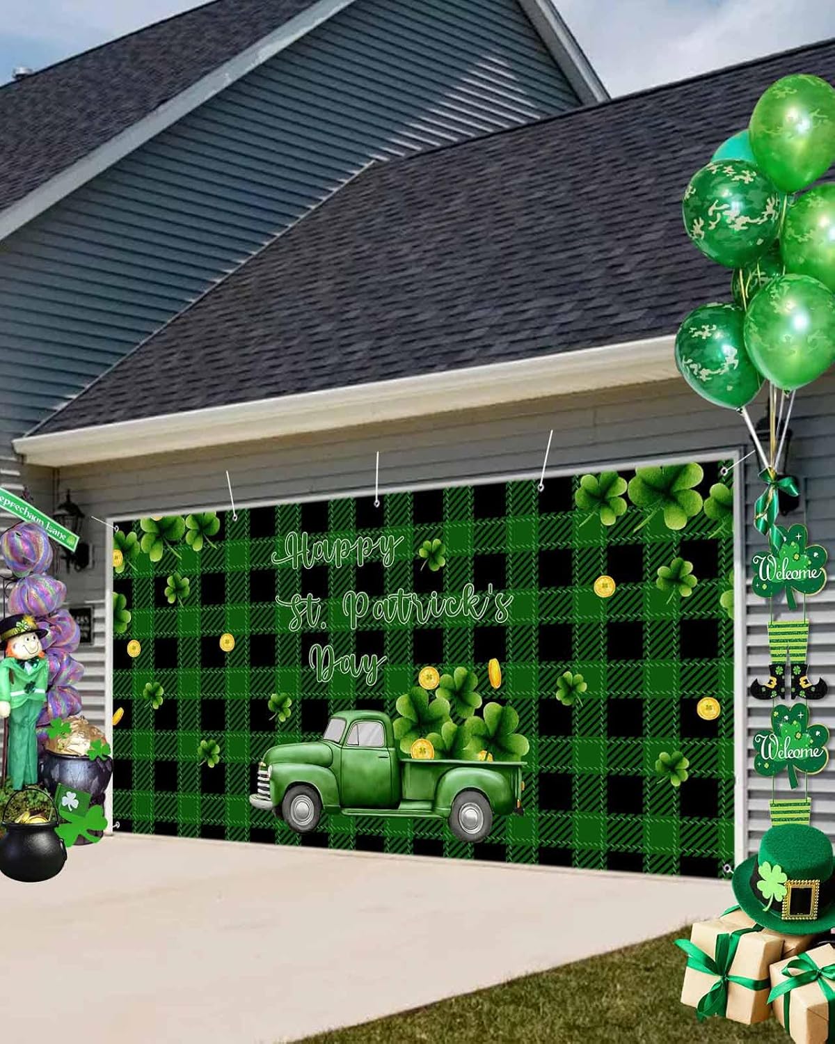 St. Patrick's Day Garage Door Banner Cover 7 x 8 ft, Green Truck with Lucky Shamrocks Coin Green Buffalo Plaid Garage Door Decorations Holiday Backdrop Decor for St. Patrick's Day Party