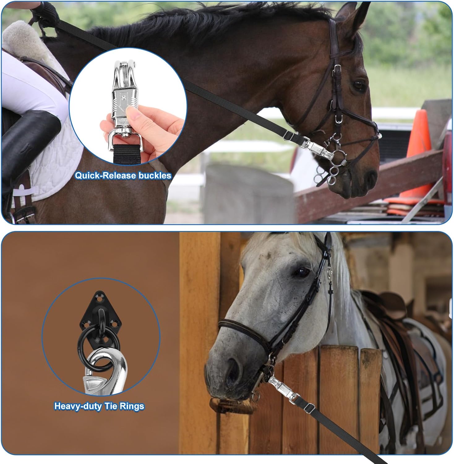 2pcs Nylon Cross Ties for Horses, Adjustable from 43.3" to 80.3" Horse Trailer Tie Straps with Panic Snap & Bull Snap Durable Horse Supplies with Tie Rings & Screws for Stables Fences (Black)