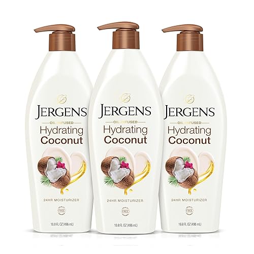 Jergens Loción corporal hidratante de coco, hidratante para manos y cuerpo, infundida con aceite de coco, hidrata la piel seca al instante, probada