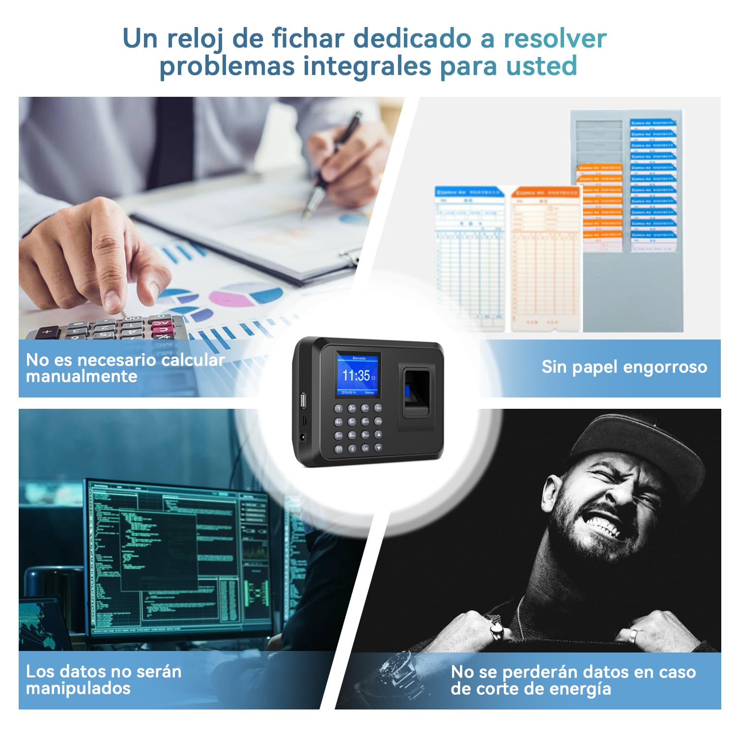 Control Horario Empleados, Reloj de Fichar, Maquina de Fichar, Fichaje Empleados con Sistema Española LCD Memoria de 8GB, con Capacidad de 1000 Huellas de fichar (No se Requiere Internet)