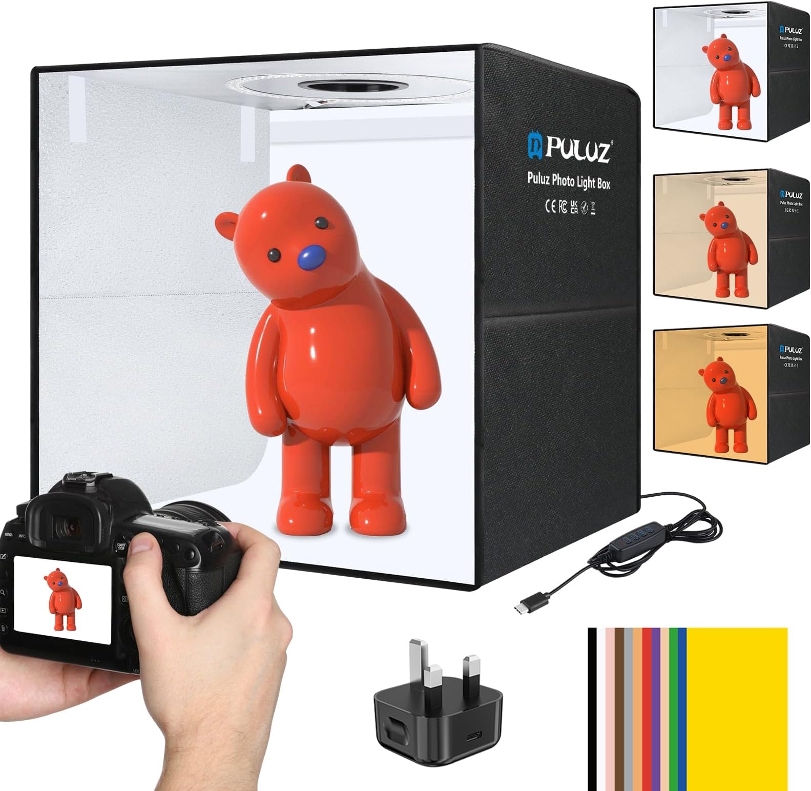 PULUZ Light Box Photography, 20x20 inch Portable Photo Studio Light Box, Professional Dimmable Quick Charge USB-C Photo Booth with 200 LED Lights & 12 Color Backdrops for Product Photography