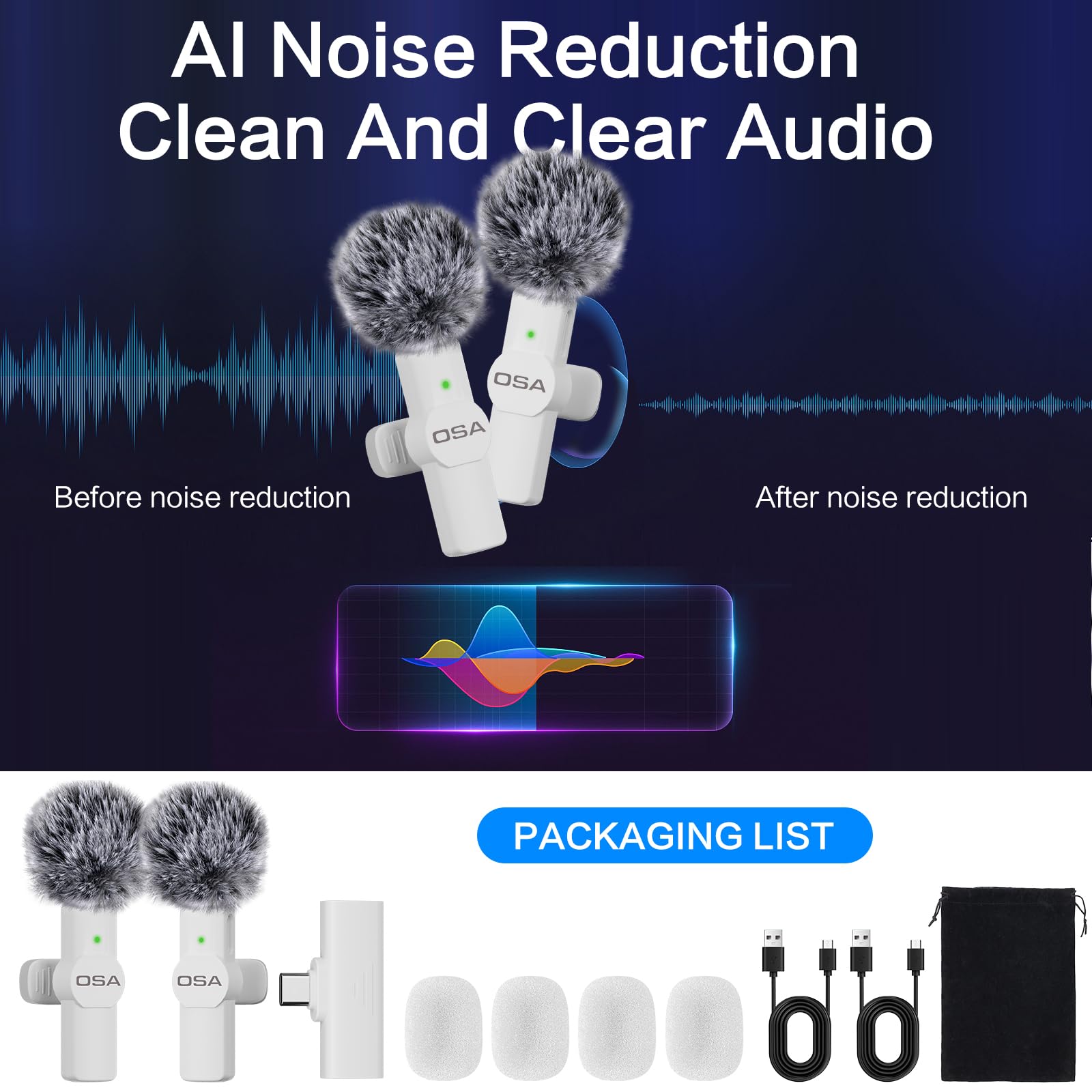 OSA Microfono lavalier wireless USB-C per iPhone 15 Series/Android/Tipo-C Smartphone Laptop, microfono wireless per registrazione video, mini microfono, Live Streaming, TikTok, Vlog, YouTube, bianco