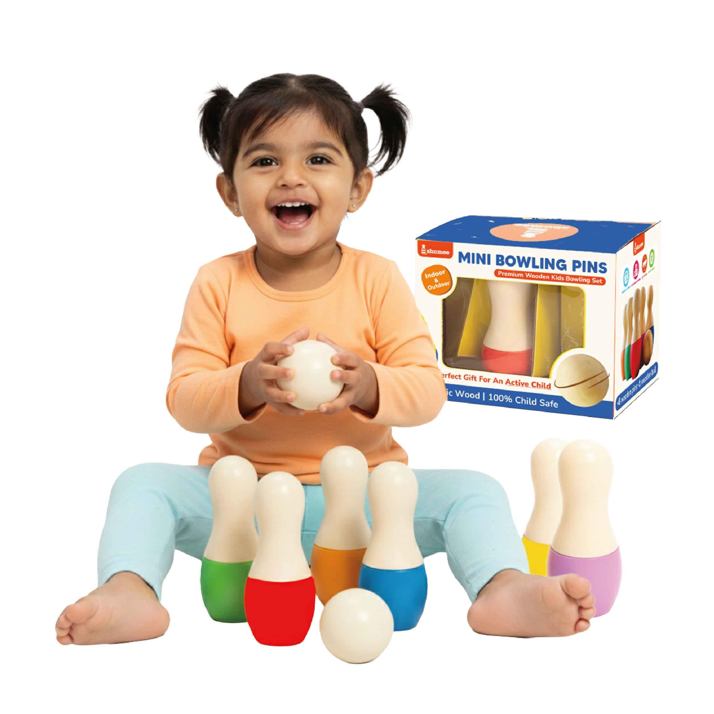 - Shumee Mini Wooden Bowling Set for Kids 2+ Years | Multicolor | 100% Child Safe & Non Toxic Colors | 6 Pins & 1 Ball | Indoor & Outdoor Fun Games | Kids & Toddlers Wooden Activity Toy