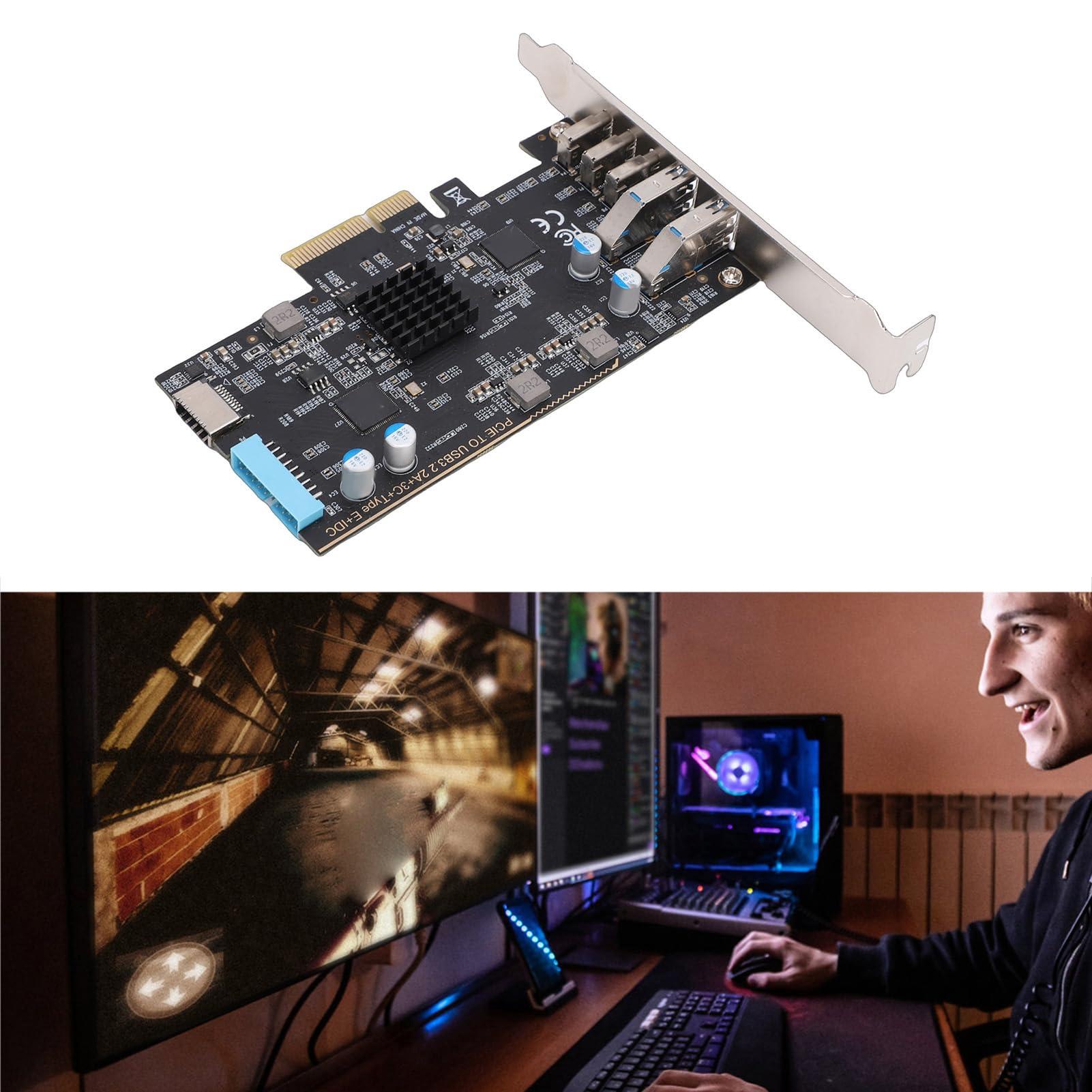Jiawu Scheda PCIe a USB C 3.0 da 10 Gbps, Scheda di Espansione PCI Express a 5 Porte con 3 Porte di Tipo C, 2 USB .0, di Espansione PCIe per PC Desktop