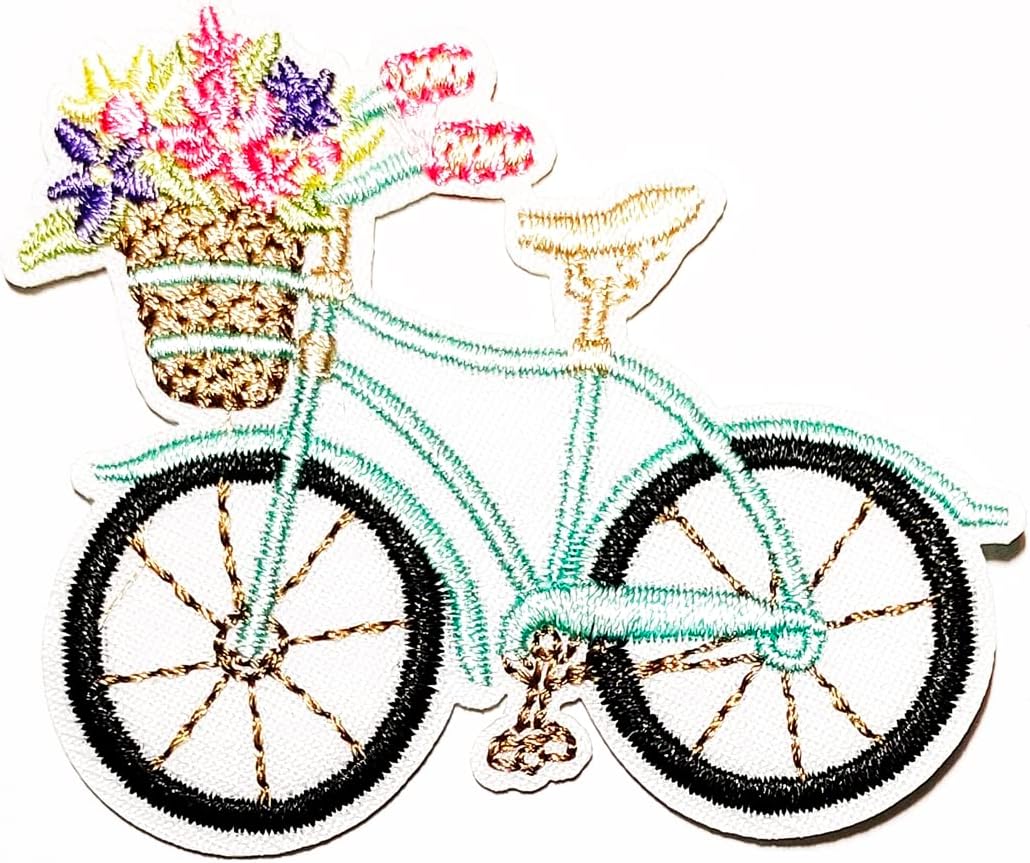 Rareeasy Patch Blue Bicycle with Flower Basket Cartoon Fashion Embroidery Patches Sticker Logo Hat Cap Polo Backpack Clothing Jacket T-Shirt DIY Embroidered Iron On Sew On Patch for Children Kids