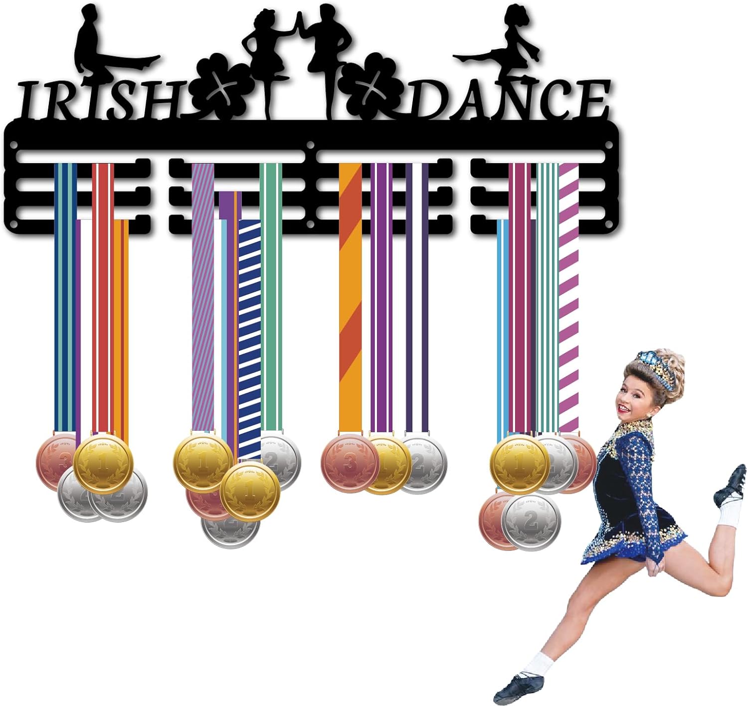 CREATCABIN Irish Dance Medal Hanger Display Sports Run Medal Holder Over 60+ Medals Award Iron Rack Frame Wall Mount Hanging Decor for Runner Athlete Competition Ribbon Medal Black 15.7 x 5.9Inch