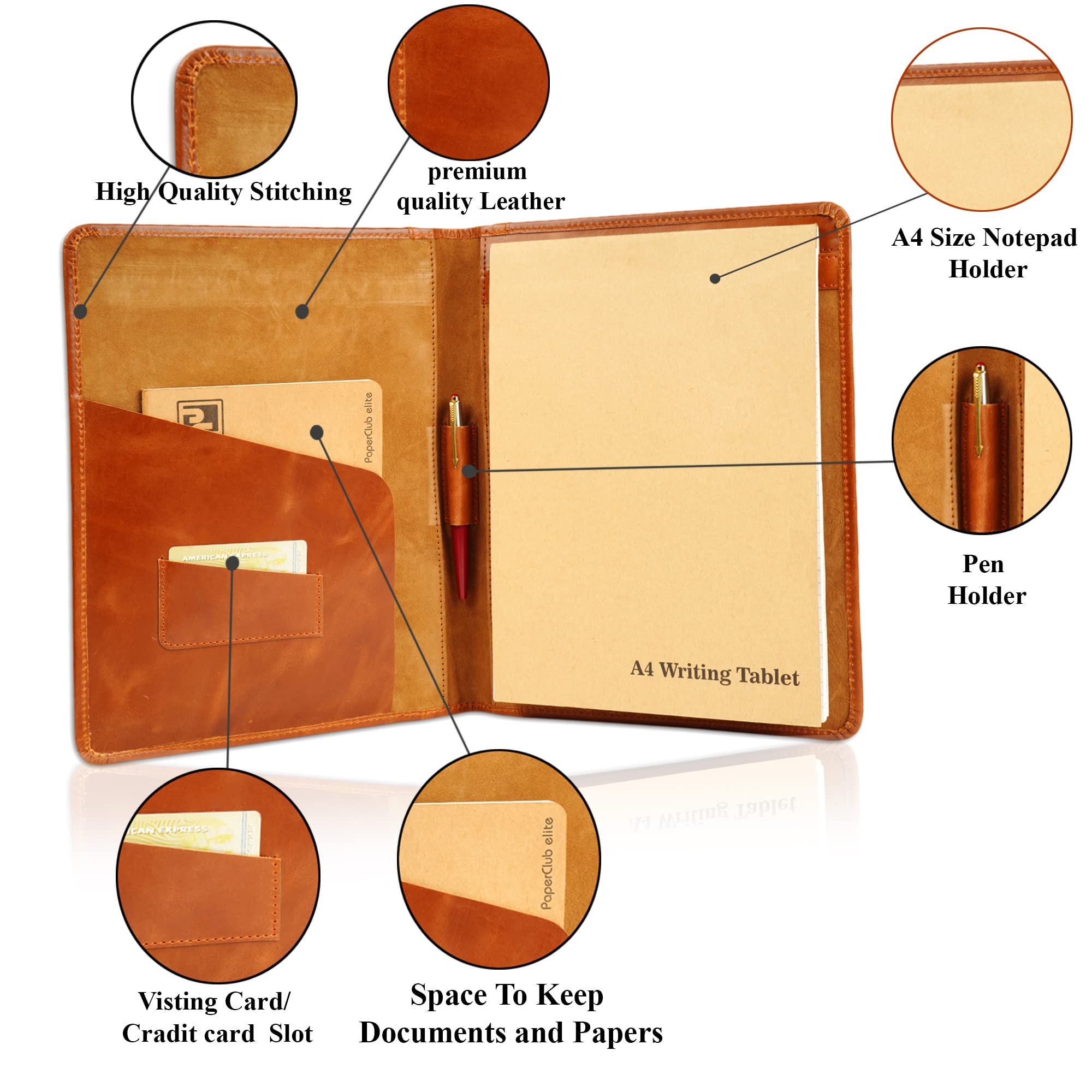 Cartella portadocumenti in pelle, formato A4, blocco note professionale, organizer per appunti, appunti, curriculum, raccoglitore per uomini e donne, marrone cognac