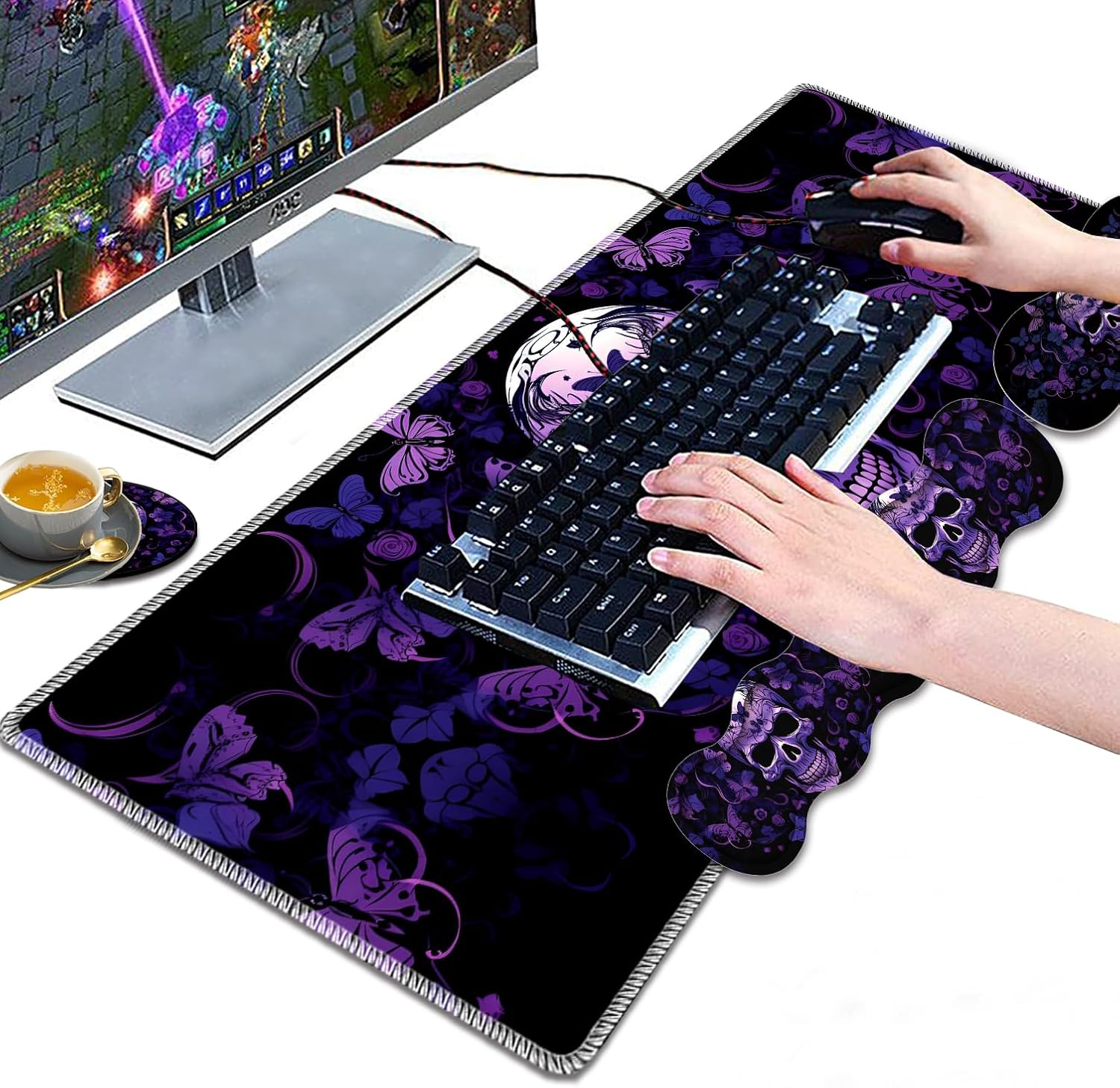Large Gaming Mouse Pad, Keyboard Wrist Rest Pad + Mouse Wrist Pad + Coaster 4 in 1 Set, Extended Waterproof Non-Slip Desk Mat, Suitable for Office Home Learning Games, Skull Butterfly
