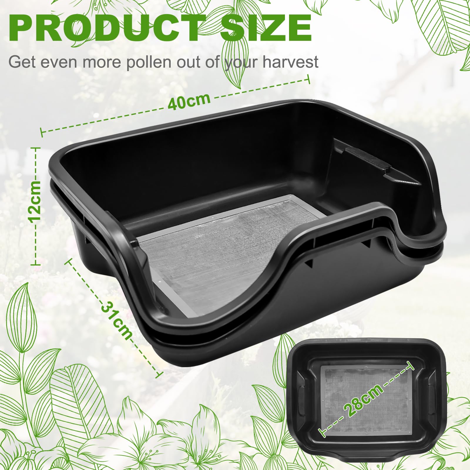 2 Pièces Trim Tray avec Tamis a Pollen de 150 Microns, Coque Ergonomique Trimm pour Pollen et Vanille, La Maison Jardin Plante, Récolte pour le Jardinier, Noir, 40x31x12cm