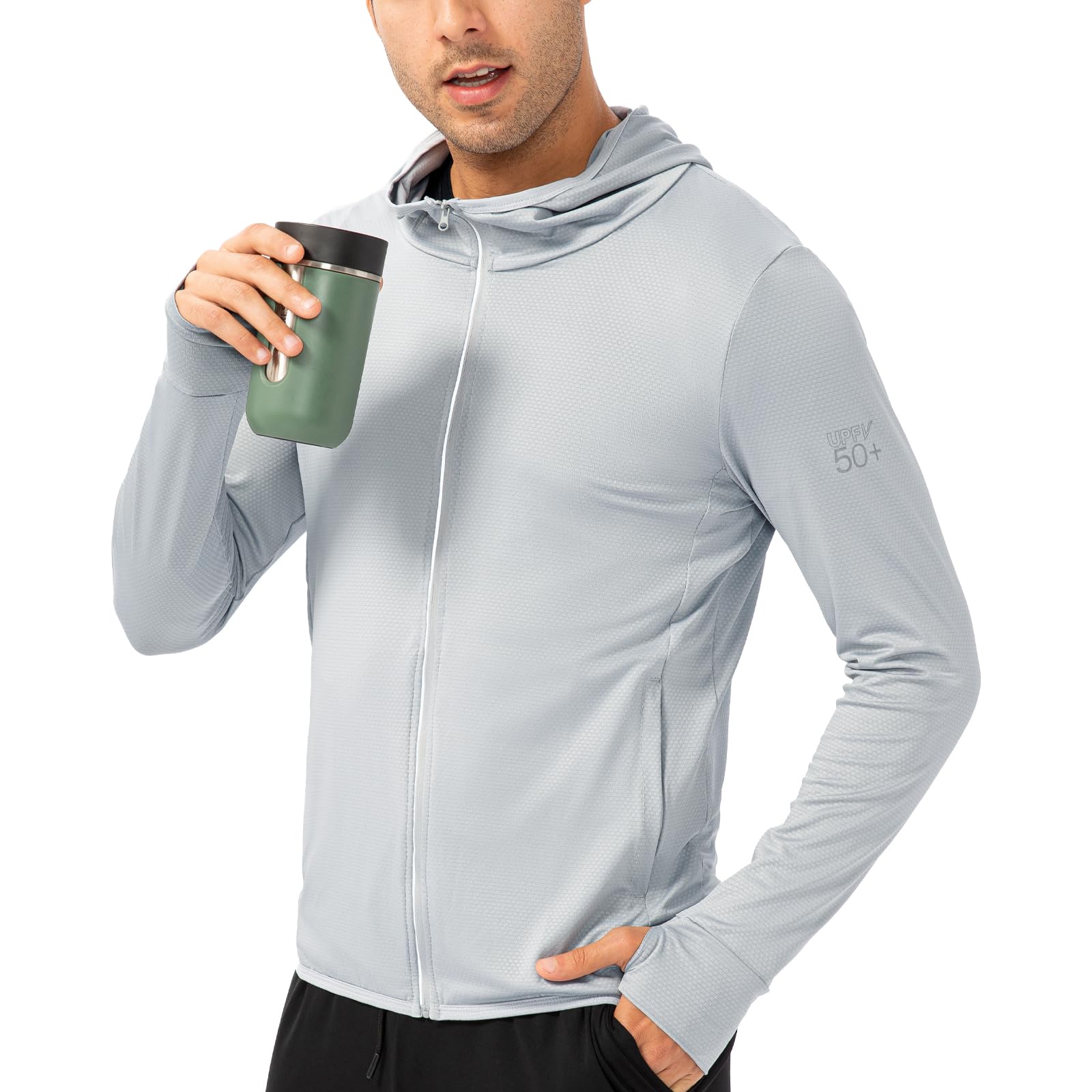 Cremallera Completa para Hombre UPF 50+ UV protección Solar Chaqueta De Manga Larga con Capucha Sun Shirt Secado RáPido Sudaderas con Capucha De Peso Ligero para Los Hombres Pesca Running