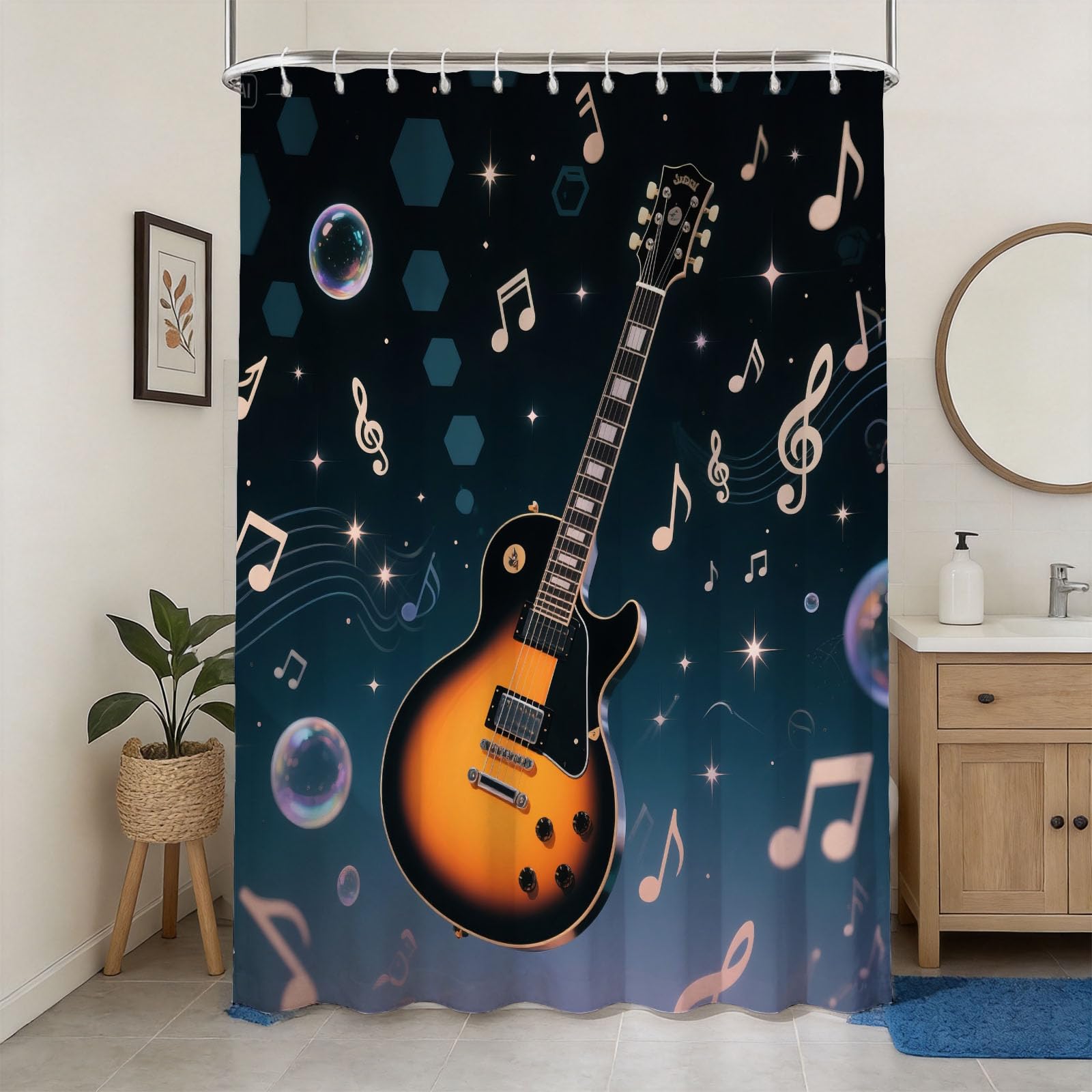Hongduo 3D Guitar Printed Shower Curtain for Stalls Bathtubs Dreamy Music Bathroom Decor Shower Curtain Set Polyester Fabric Waterproof 180x200cm/71X79 Inch with Hooks