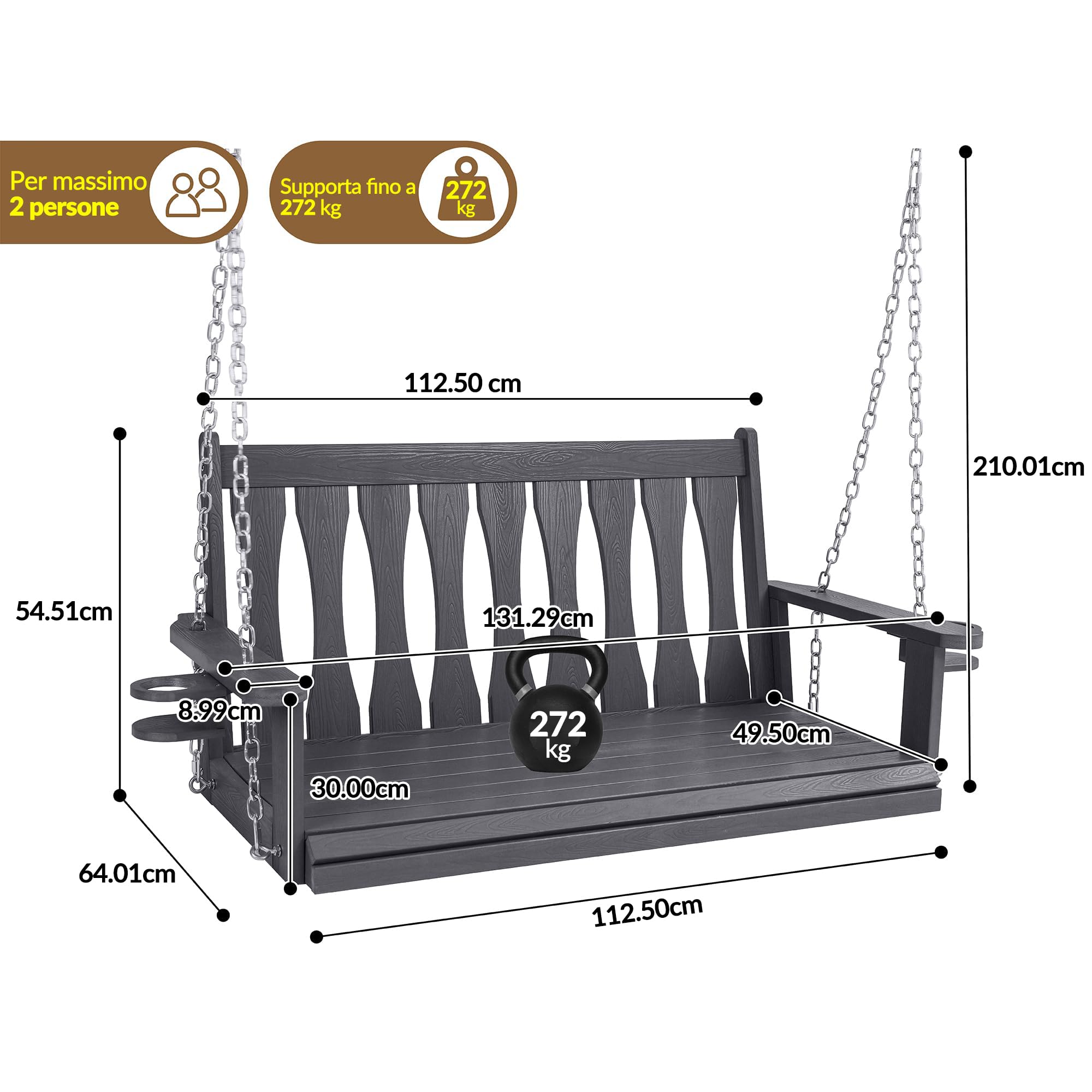 Altalena da Giardino in Legno 2 Posti, Dondolo da Giardino da Esterno per Adulti con Catene e Portabicchieri, Portata 270 kg, Panchina Sospesa per Terrazza e Balcone