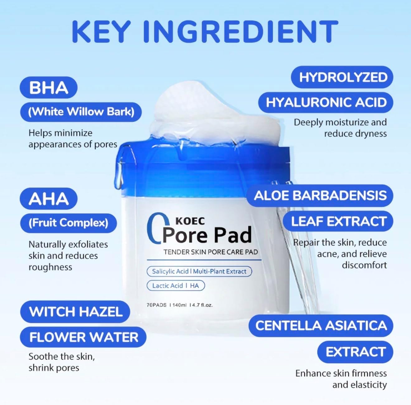 Beautivana KOEC Korean Clean Pore Toner Pads 2.0 Facial Toner Pads with AHA/BHA niacinamide, Exfoliating Toner Pad- 70 Count-2packs - Image 5